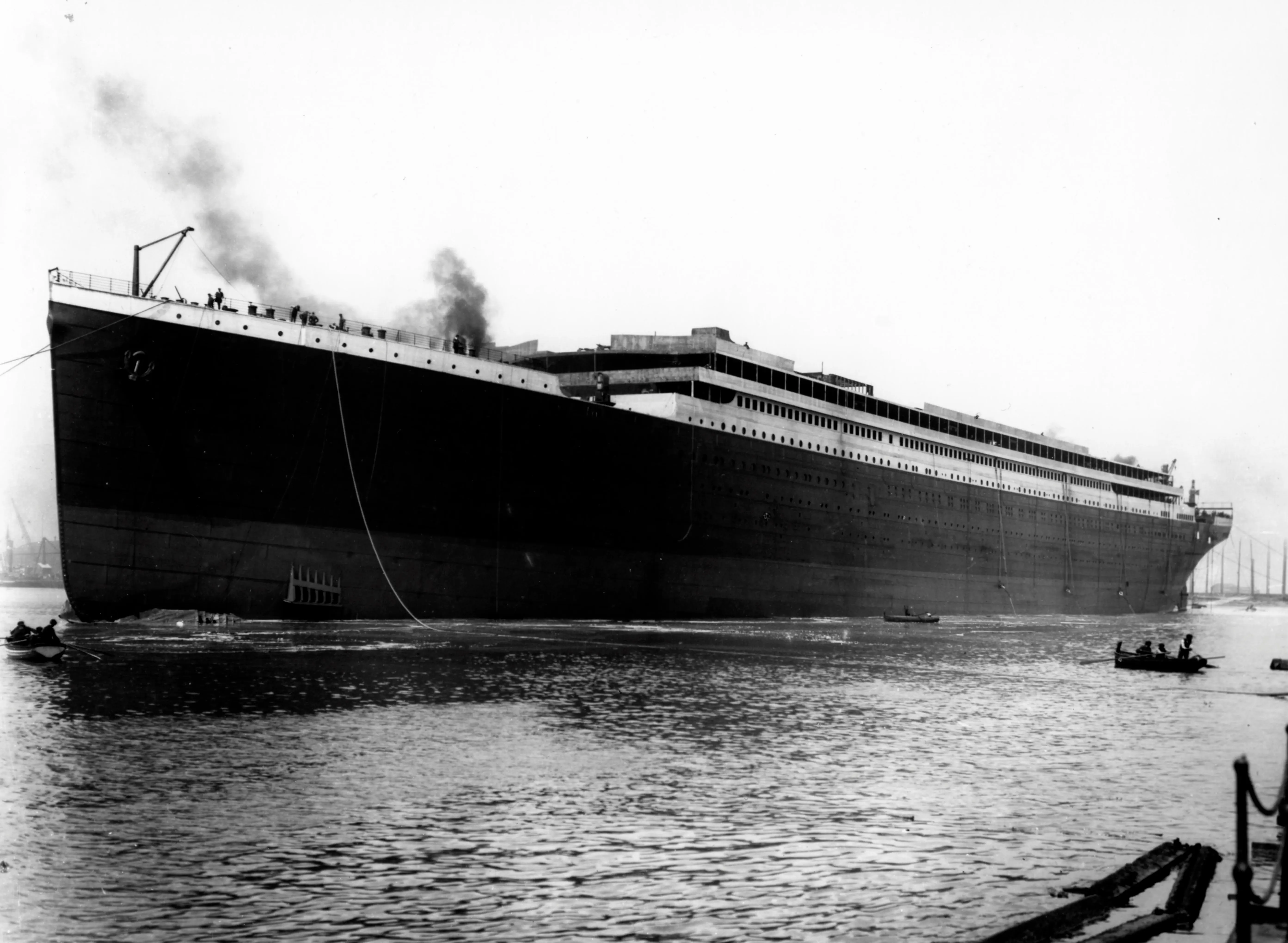 Titanic launched at Belfast without funnels.